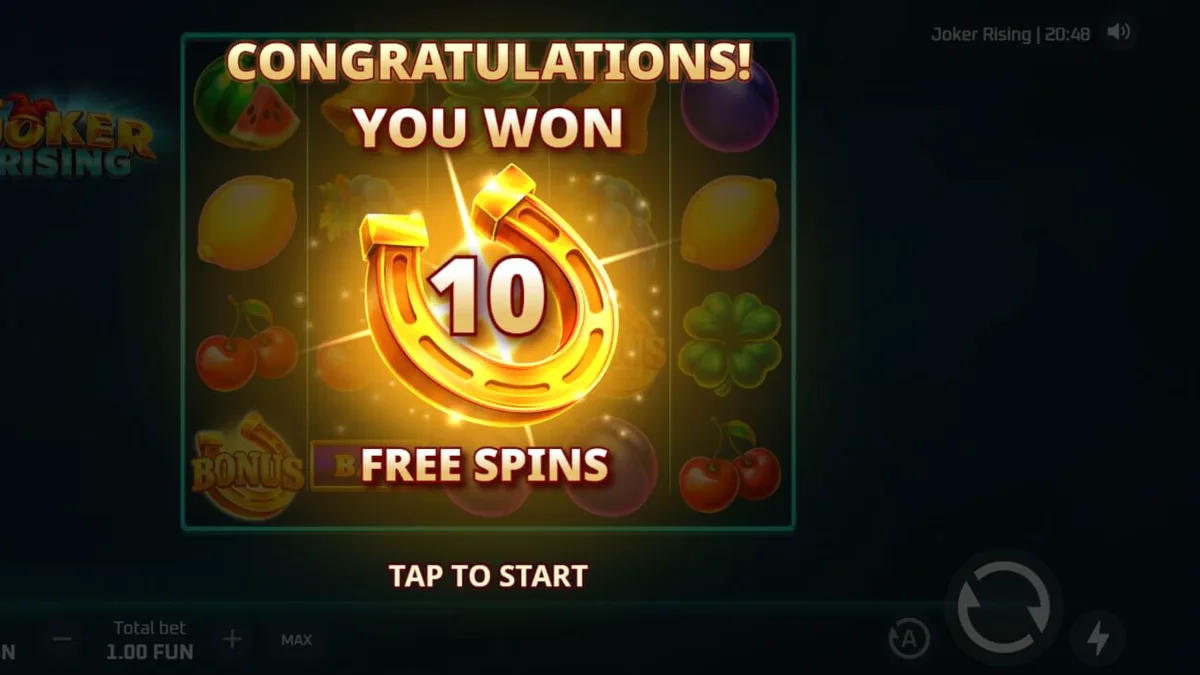 Tampilan visual slot Joker Rising dengan simbol buah neon dan karakter Joker