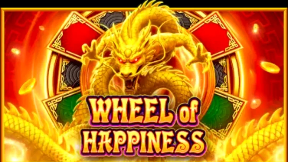 Tampilan visual slot Wheel of Happiness dengan simbol naga emas dan nuansa oriental